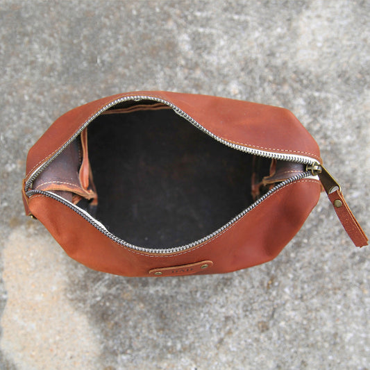 The Dopp Bag - Personalized Brown Fine Leather Shave Toiletry Bag Travel Bag With Zipper - Groomsmen Gift