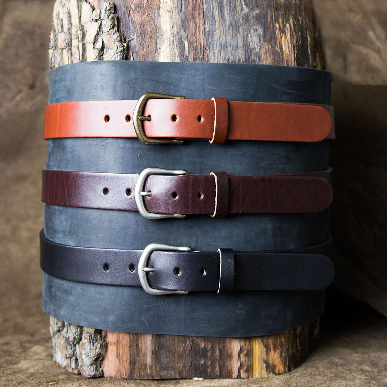 Fine leather men's belts in chestnut and black