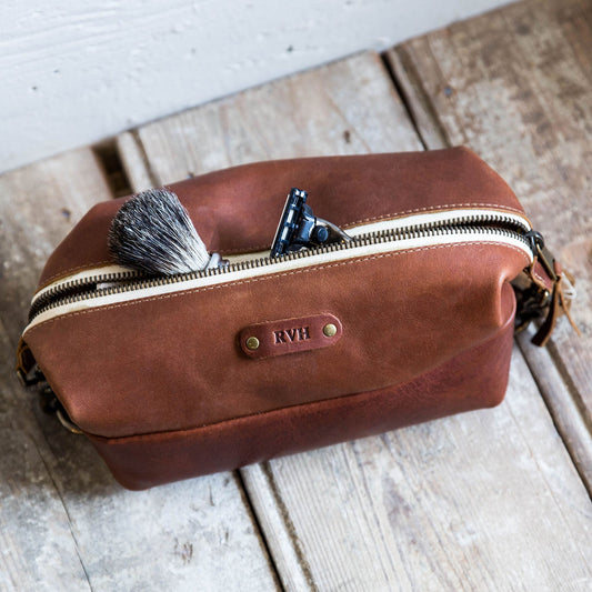 The Dopp Bag - Personalized Brown Fine Leather Shave Toiletry Bag Travel Bag With Zipper - Groomsmen Gift