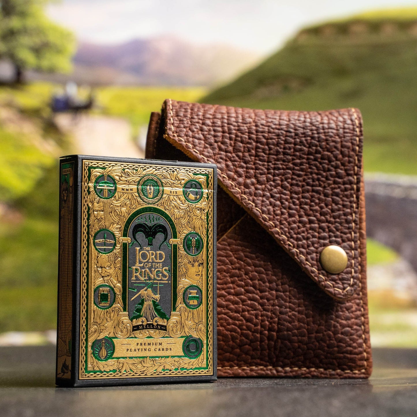 Theory 11 Lord of The Rings Card Deck With Personalized Shrunken Bison Leather Card Sleeve - Grooms Gift - Wedding Party Gift