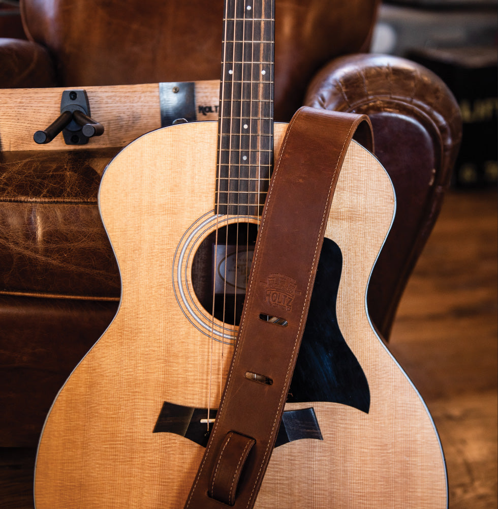 Personalized fine leather guitar strap. Available in black or brown leather.