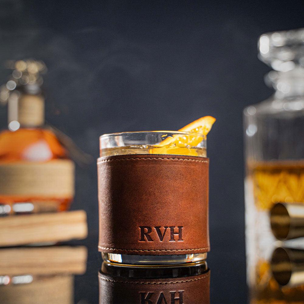 The Gentleman Rocks Glass & Sleeves ~ Shrunken Bison Leather - Set of Two Wraps & Glasses - Grooms Gift - Wedding Gift