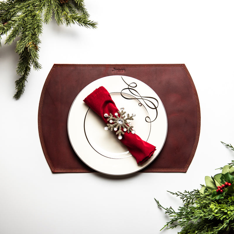 Straight Edged Oval Personalized Fine Leather Placemat - Wedding Gift for Newlyweds