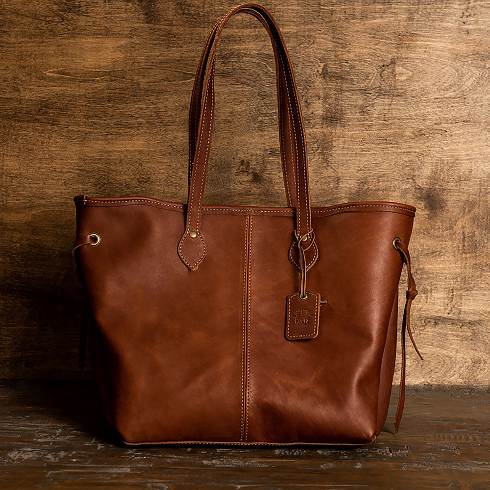 Handcrafted fine leather tote bag at Holtz Leather Co in Huntsville, Alabama