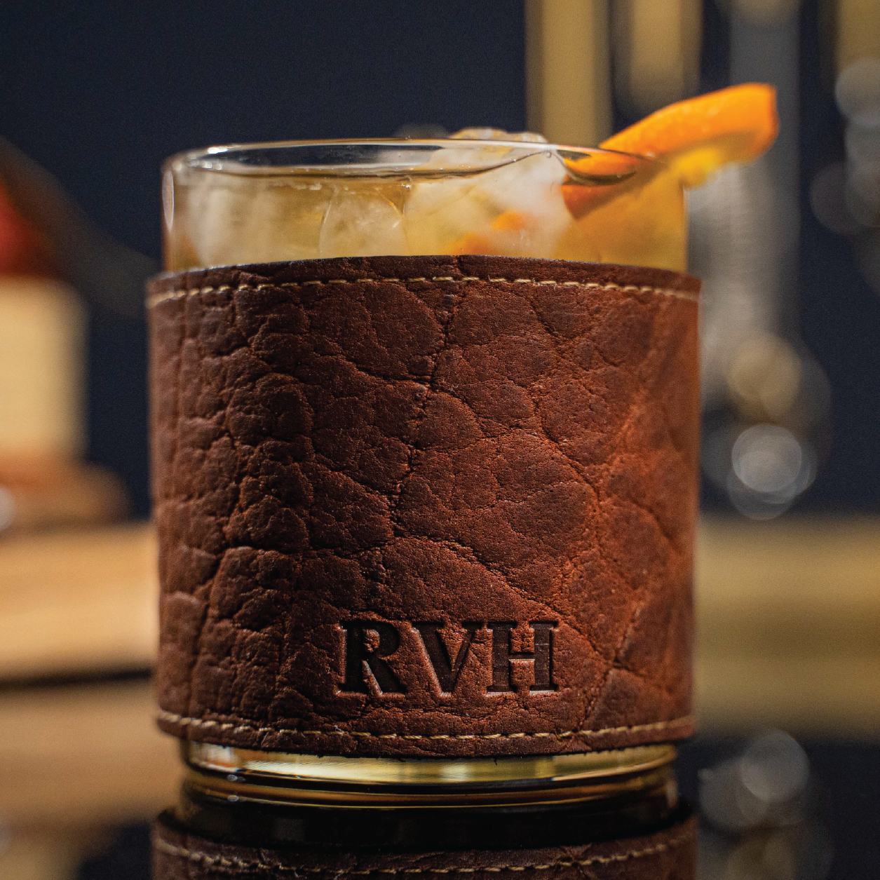 The Gentleman Rocks Glass & Sleeves ~ Shrunken Bison Leather - Set of Two Wraps & Glasses - Grooms Gift - Wedding Gift