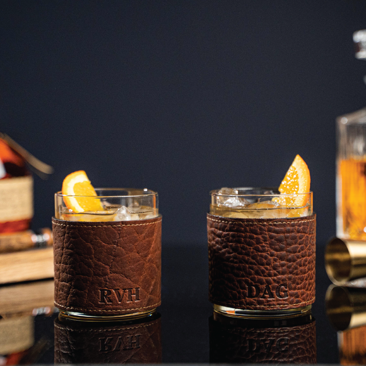 The Gentleman Rocks Glass & Sleeves ~ Shrunken Bison Leather - Set of Two Wraps & Glasses - Grooms Gift - Wedding Gift