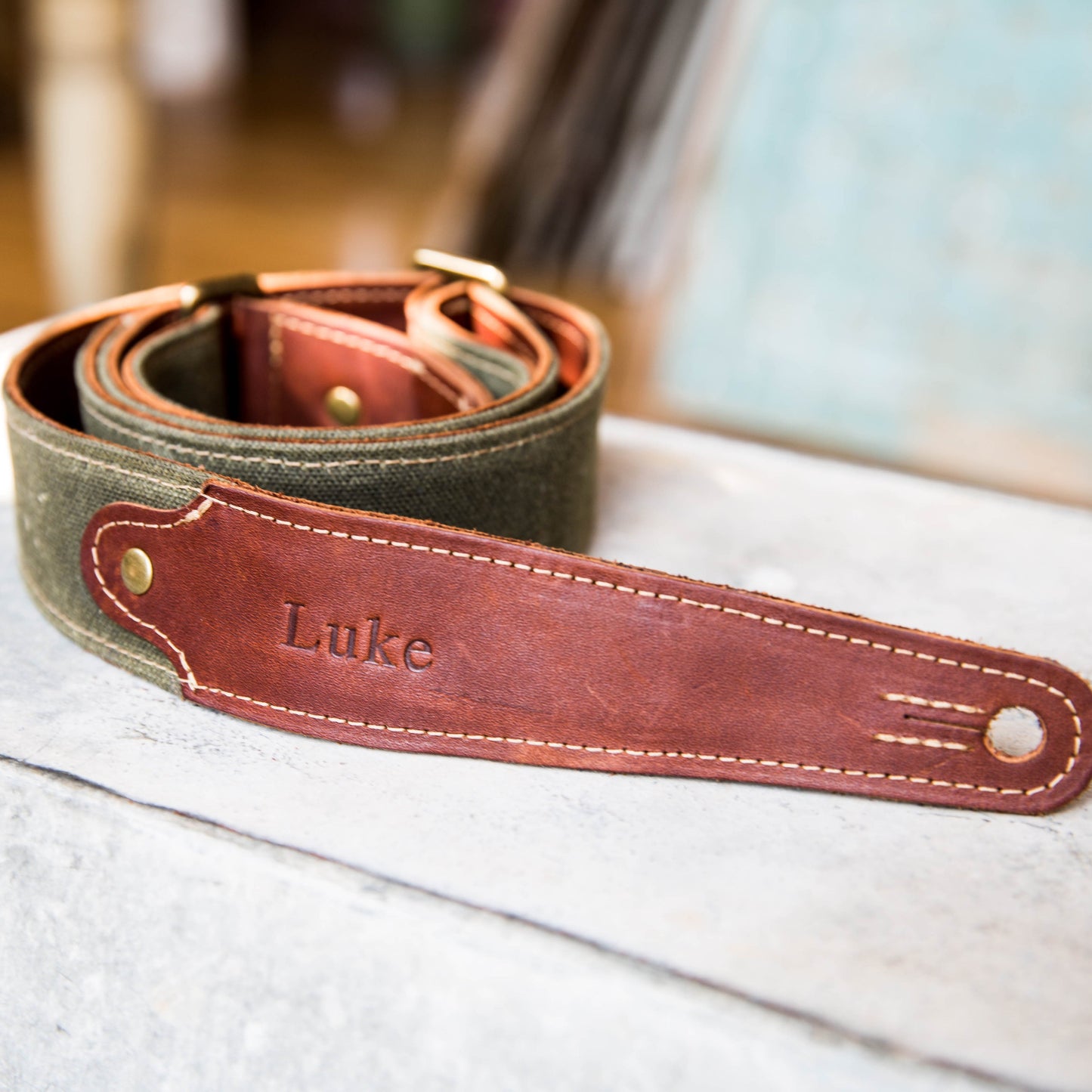 The Hill Fine Leather and Canvas Personalized Guitar Strap - Grooms Gift - Wedding Party Gift