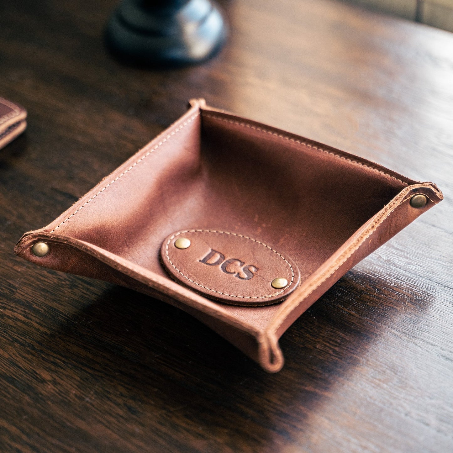 The Monticello Fine Leather Personalized Desk Valet Caddy Tray for Dresser or Office Gift - Wedding Party Gift