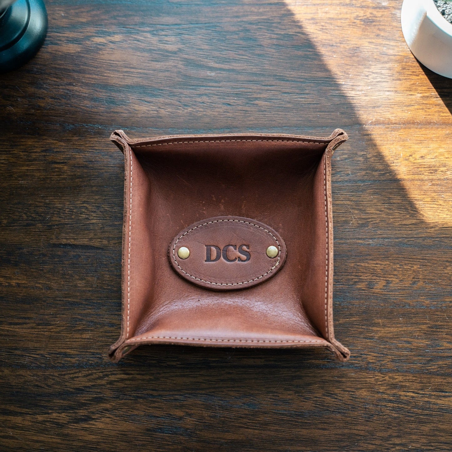 The Monticello Fine Leather Personalized Desk Valet Caddy Tray for Dresser or Office Gift - Wedding Party Gift