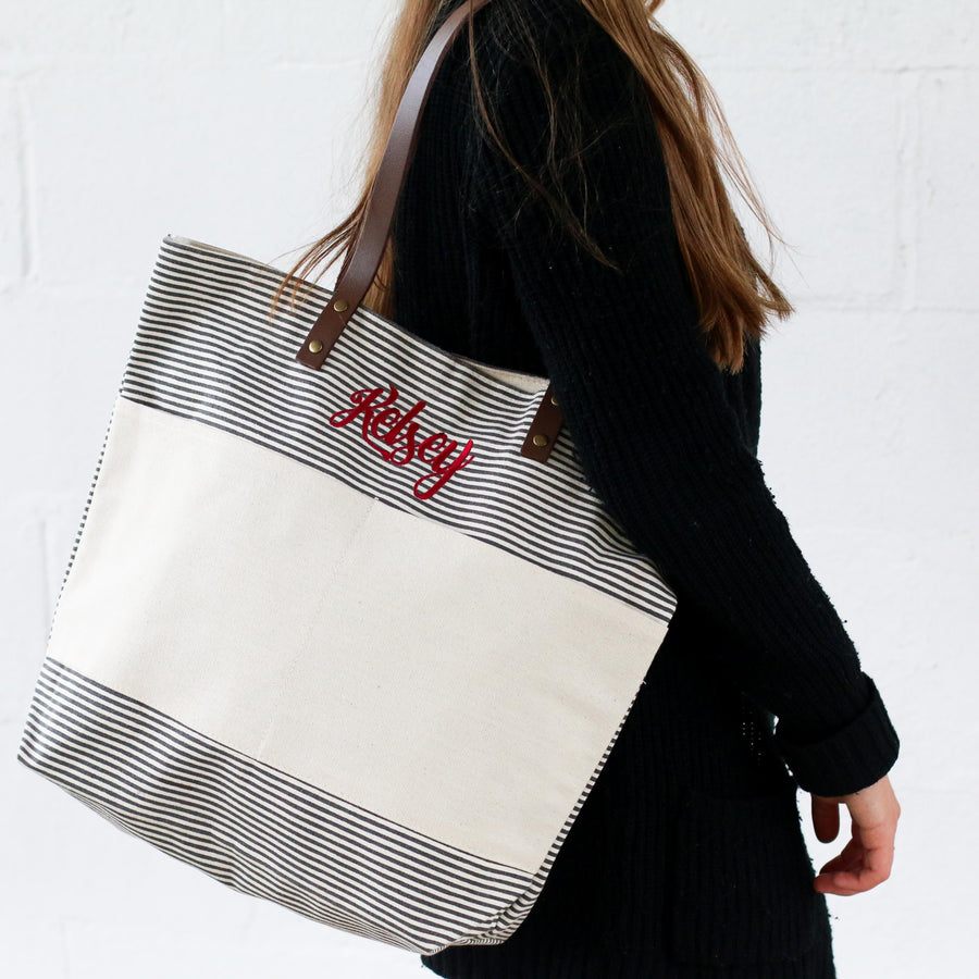 Personalized Stripe Two Toned Canvas Tote - Bridesmaid Gift