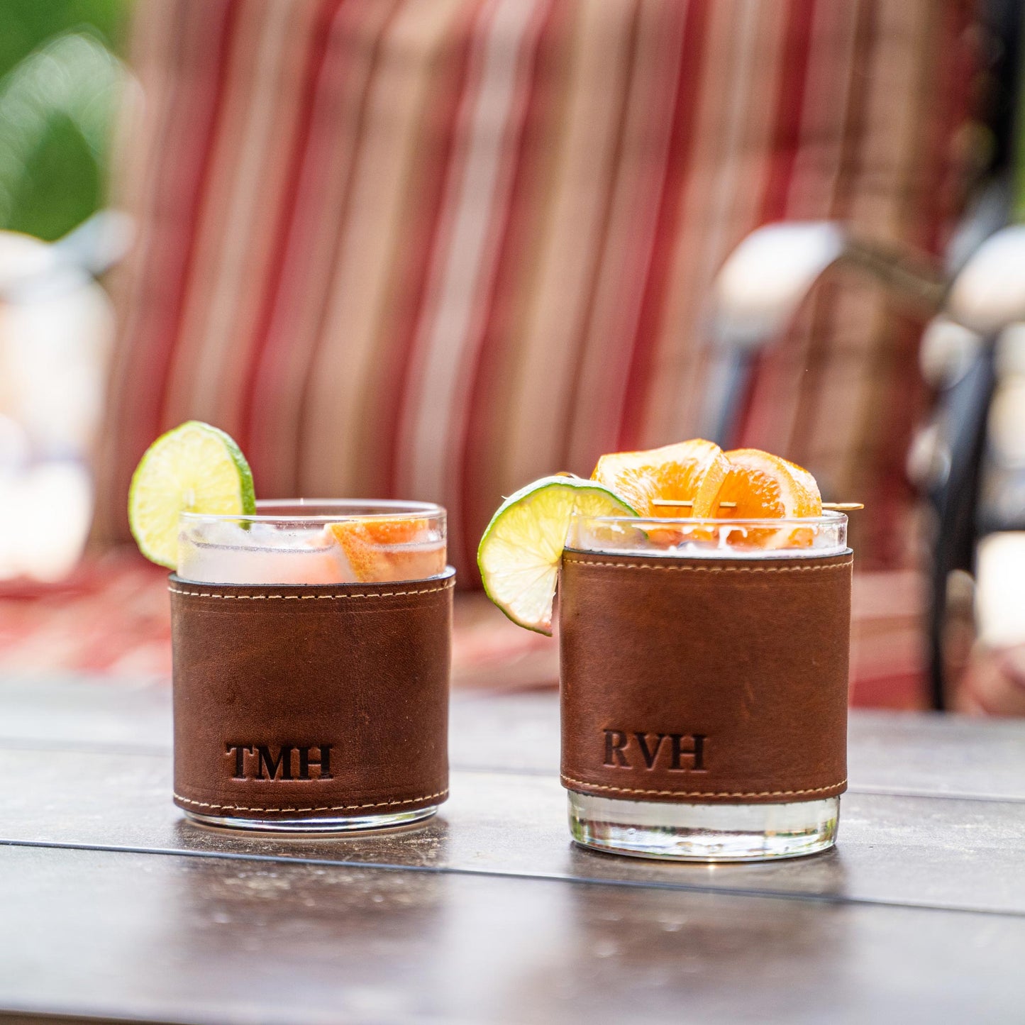 The Gentleman Rocks Glass & Sleeves ~ Shrunken Bison Leather - Set of Two Wraps & Glasses - Grooms Gift - Wedding Gift