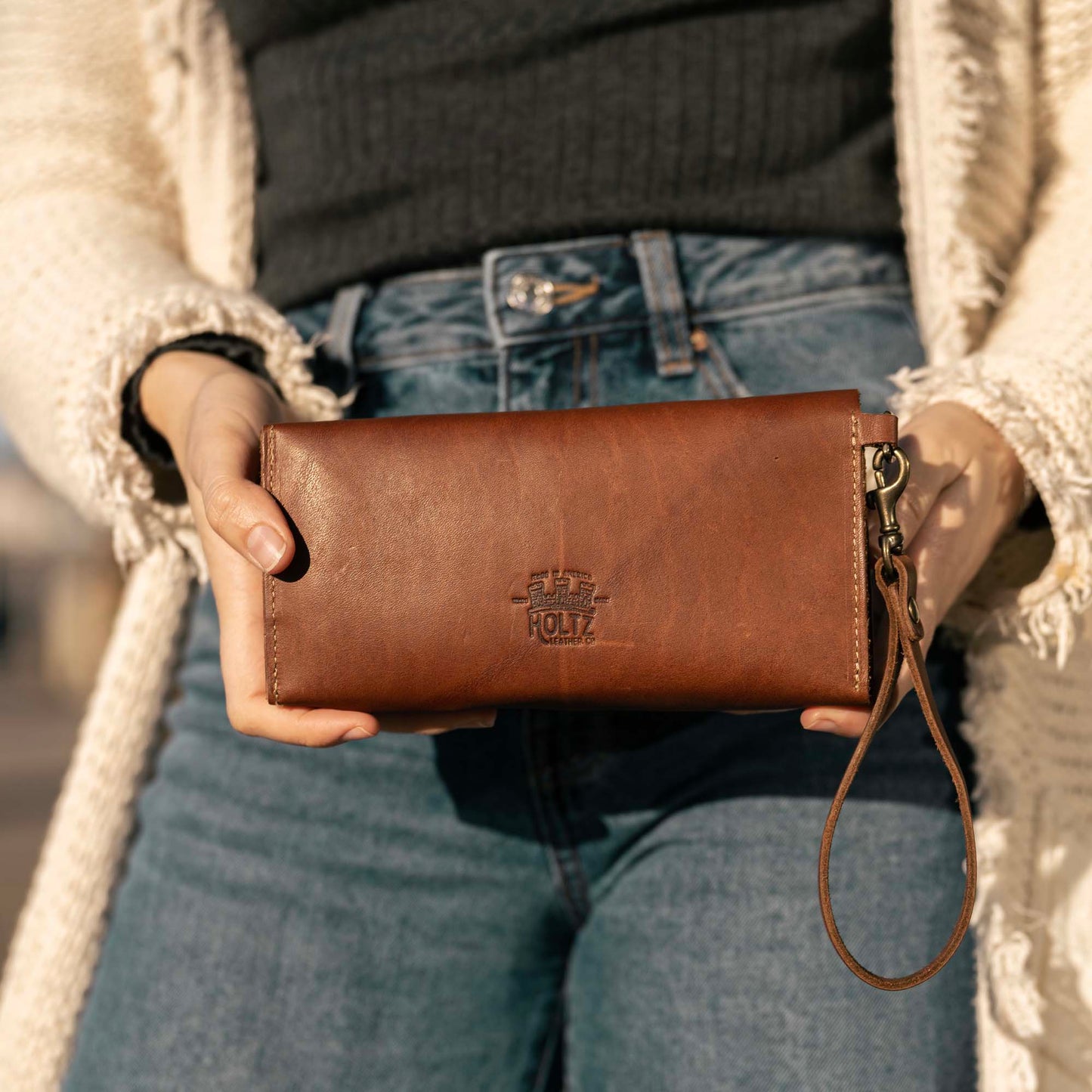 The Jackie O Personalized Leather Clutch Wallet with Wristlet