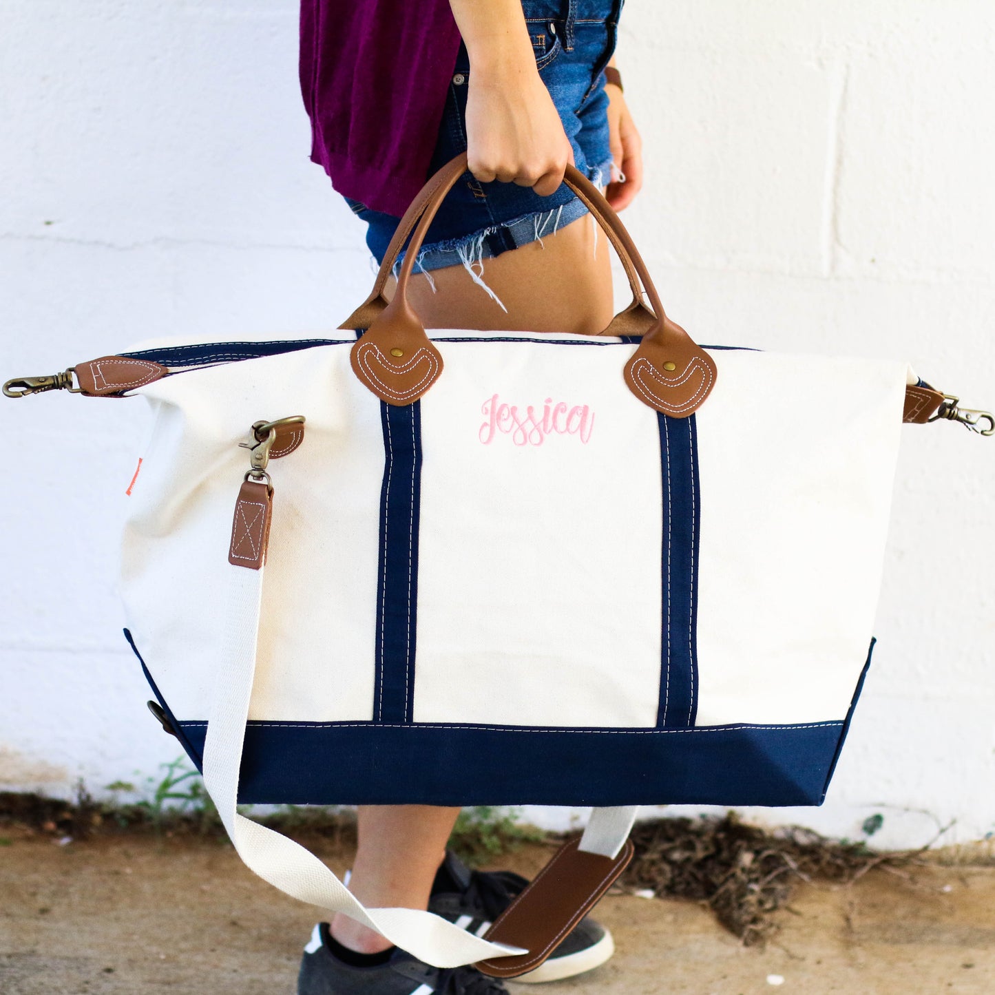 Weekend Travel Overnight Navy and Canvas Bag – Personalized Bridesmaids Bridal Party Gifts