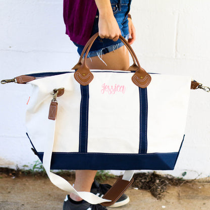 Weekend Travel Overnight Navy and Canvas Bag – Personalized Bridesmaids Bridal Party Gifts