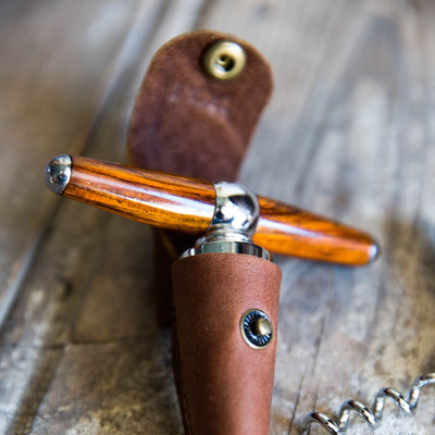 The Vino Personalized Hand Turned Wine Bottle Stopper Corkscrew & Leather Sleeve